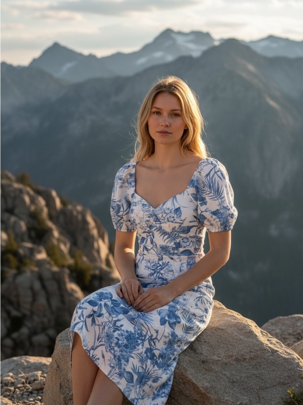 Sweet‎ Wanderer White and Blue Floral Puff-Sleeve Midi Dress